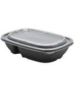 Reusable black 2-compartment food tray with transparent lid 650+250ml 23x17x5cm PP 50x machine washable, 50pcs/pack