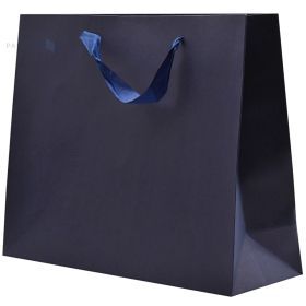 Dark blue paper bag with ribbon handles 32+11x26cm