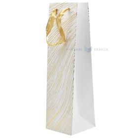 Golden marble pattern white paper bag with ribbon handles for wine 10,5x10,5x36cm