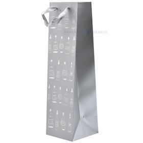 Little white bottles print gray paper bag for wine with ribbon handles 10,5+10,5x36cm