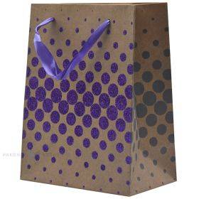 Shiny purple circles paper bag with ribbon handles 18+10x23cm