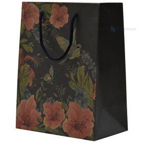 Flowers and bird print black paper bag with rope handles 18+10x23cm
