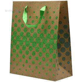 Shiny green circles paper bag with ribbon handles 26+12x32cm