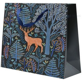 Forest and brown deer print dark blue paper bag with ribbon handles 32+11x26cm