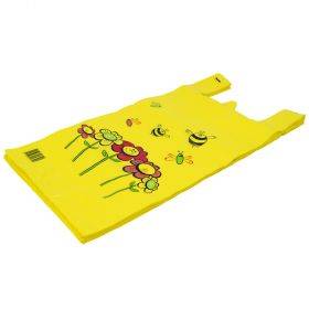 Flower print yellow plastic T-shirt bag 30+18x64cm, 50pcs/pack