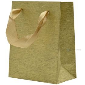 Shiny golden paper bag with ribbon handles 11+6x14cm