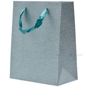 Shiny bluish-green paper bag with ribbon handles 18+10x23cm