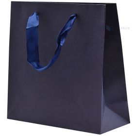Dark blue paper bag with ribbon handles 20+8x20cm