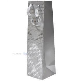Silver rhombus print gray paper bag for wine with ribbon handles 10,5+10,5x36,5cm