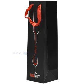 Red & White print black paper bag for wine with ribbon handles 10,5+10,5x36cm