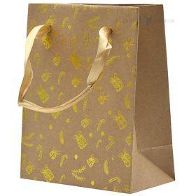 Golden gifts and feathers print brown paper bag with ribbon handles 11+6x14cm