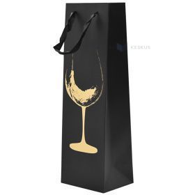 Goblet print black paper bag for wine with ribbon handles 13+13x36cm