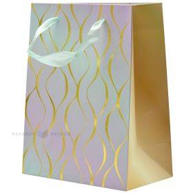 Golden lines green-purple paper bag with ribbon handles 18+10x23cm