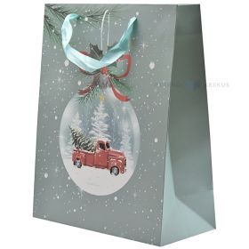 Red car inside bubble print greenish-blue paper bag with ribbon handles 26+12x32cm