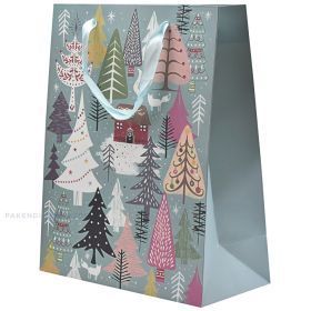 Trees print greenish-blue paper bag with ribbon handles 26+12x32cm