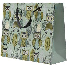 Owls print greenish paper bag with ribbon handles 32+11x26cm