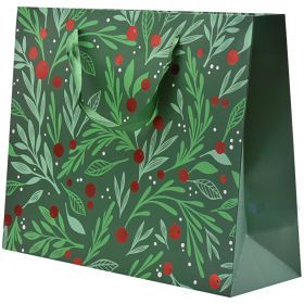Mistletoes print green paper bag with ribbon handles 26+11x32cm