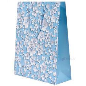 White flowers print light-blue paper bag with rope handles 40+15x50cm
